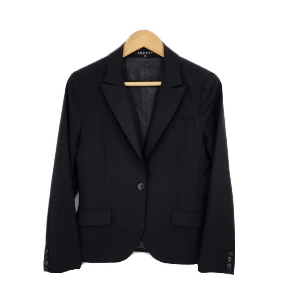 Theory Womens Blazer Jacket Wool Stretch Black One Button Size 10 6